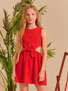 SHEIN 女孩鏤空腰繫帶連衣裙 - 紅色 - 查看 4