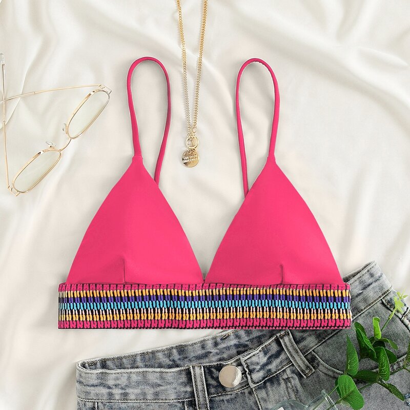 

Contrast Trim Triangle Bikini Top, Pink