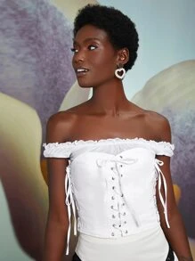 Penelope Ping 露肩褶邊網眼繫帶結飾上衣 - 白色 - 查看 1