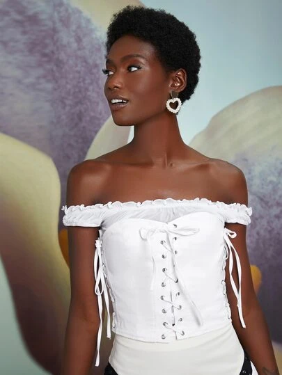 Penelope Ping 露肩褶邊網眼繫帶結飾上衣