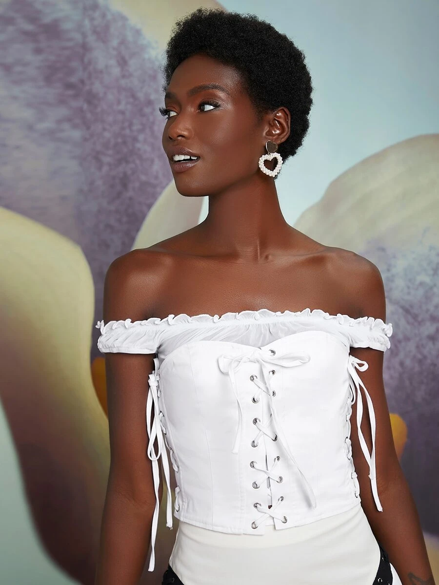 Penelope Ping 露肩褶邊網眼繫帶結飾上衣 - 白色 - 查看 1