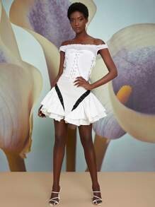 Penelope Ping 露肩褶邊網眼繫帶結飾上衣 - 白色 - 查看 3