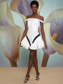 Penelope Ping 露肩褶邊網眼繫帶結飾上衣 - 白色 - 查看 4