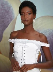 Penelope Ping 露肩褶邊網眼繫帶結飾上衣 - 白色 - 查看 5