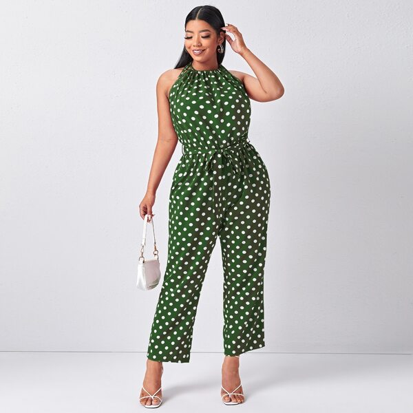 

Plus Polka Dot Self Tie Halter Jumpsuit, Green