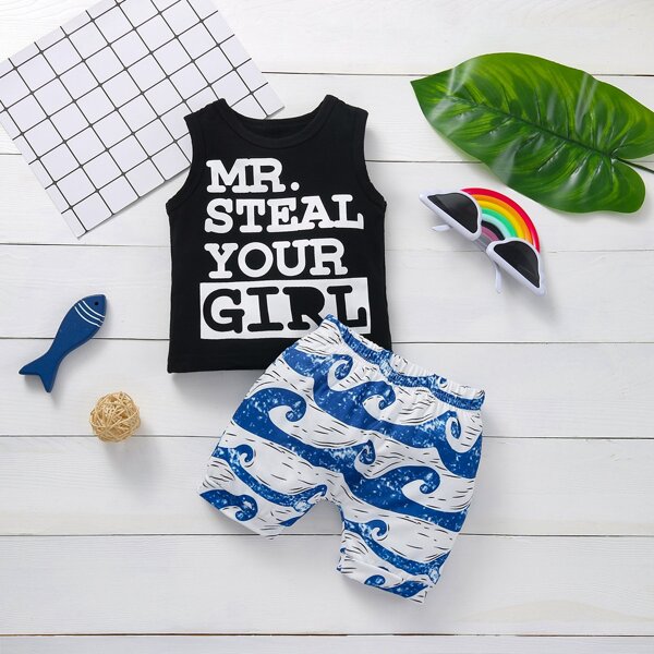 

Baby Boy Slogan Graphic Tank Top With Sea Wave Print Shorts, Multicolor