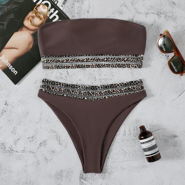 

Leopard Mesh Trim Bandeau Bikini Swimsuit, Chocolate brown