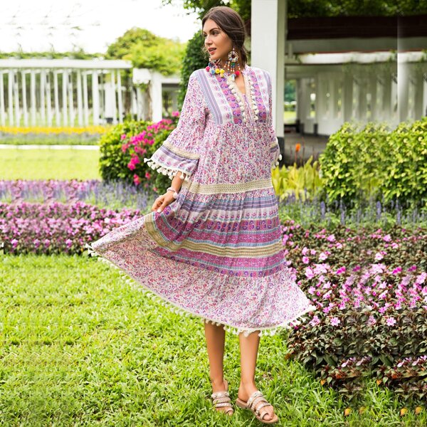 

Floral Print Fringe Trim Dress, Multicolor