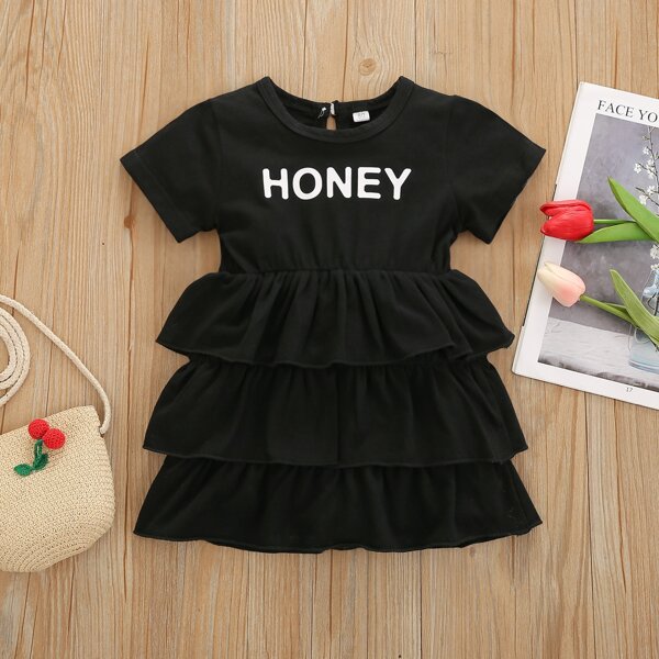 

Baby Girl Letter Graphic Layered Dress, Black