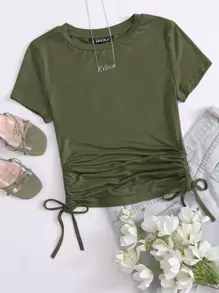 Muchica Drawstring Side Solid Tee - Army Green - View 1