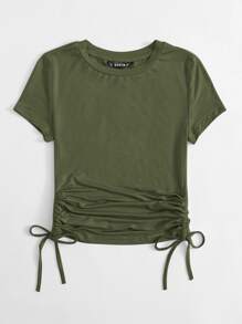 Muchica Drawstring Side Solid Tee - Army Green - View 4