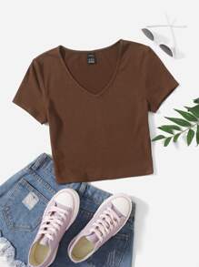 SHEIN EZwear V Neck Rib-knit Tee - Coffee Brown - View 1