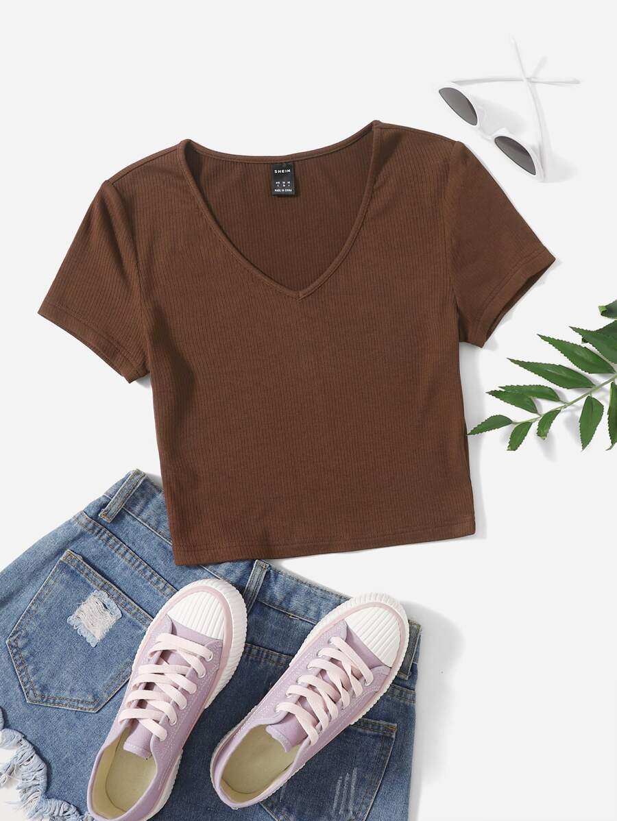 SHEIN EZwear V Neck Rib-knit Tee - Coffee Brown - View 1