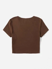 SHEIN EZwear V Neck Rib-knit Tee - Coffee Brown - View 2