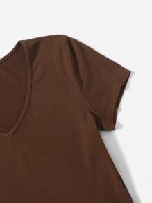 SHEIN EZwear V Neck Rib-knit Tee - Coffee Brown - View 3