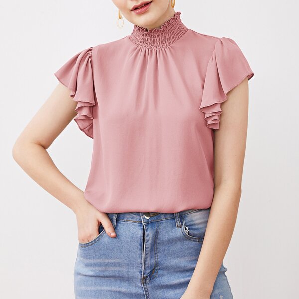 

Shirred Mock Neck Butterfly Sleeve Top, Dusty pink
