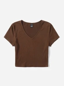 SHEIN EZwear V Neck Rib-knit Tee - Coffee Brown - View 4