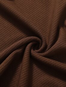 SHEIN EZwear V Neck Rib-knit Tee - Coffee Brown - View 5