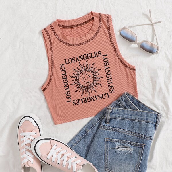 

Letter Graphic Stitch Trim Tank Top, Dusty pink