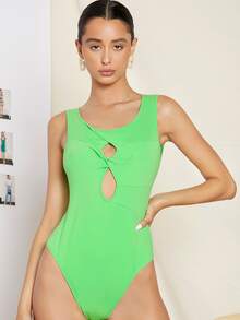 SHEIN 挖空扭結背心連體衣 - 青檸色 - 查看 3