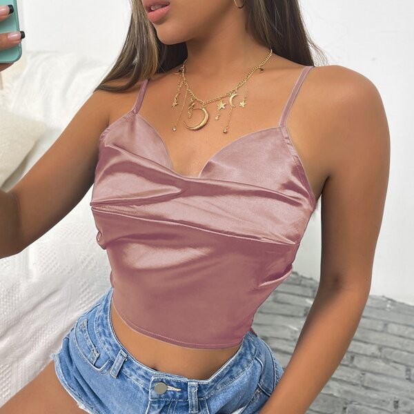 

Satin Tie Back Backless Cami Top, Dusty pink
