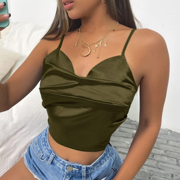 

Satin Tie Back Backless Cami Top, Army green