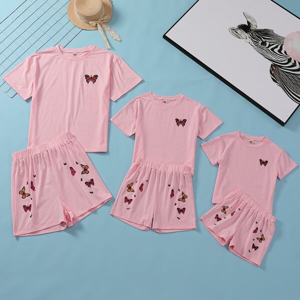 

Toddler Girls Butterfly Print Drop Shoulder Tee With Shorts, Dusty pink