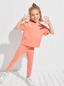 SHEIN 小女童含棉素色捲邊袖T恤和緊身褲套裝