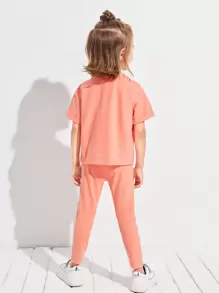 SHEIN 小女童含棉素色捲邊袖T恤和緊身褲套裝