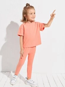 SHEIN 小女童含棉素色捲邊袖T恤和緊身褲套裝