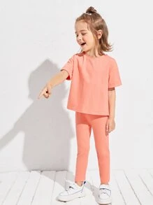 SHEIN 小女童含棉素色捲邊袖T恤和緊身褲套裝