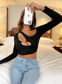 Cut Out Front Slim Top - Black - View 3