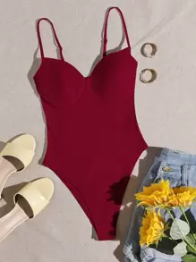 SHEIN 露肩羅紋針織素色吊帶連體衣