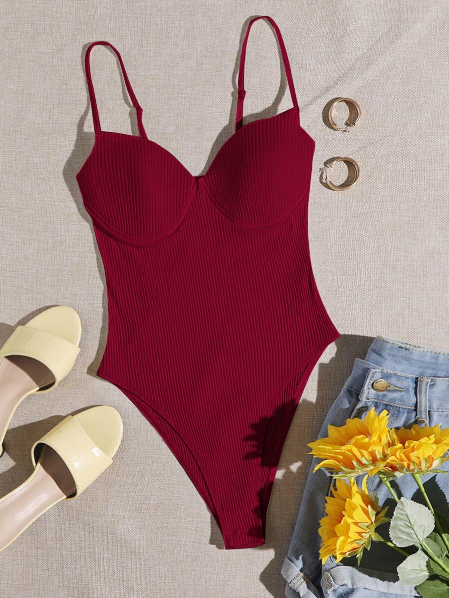 SHEIN 露肩羅紋針織素色吊帶連體衣