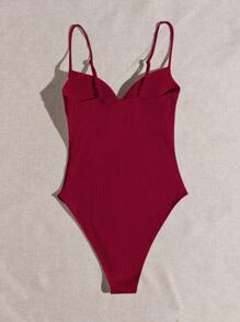 SHEIN 露肩羅紋針織素色吊帶連體衣