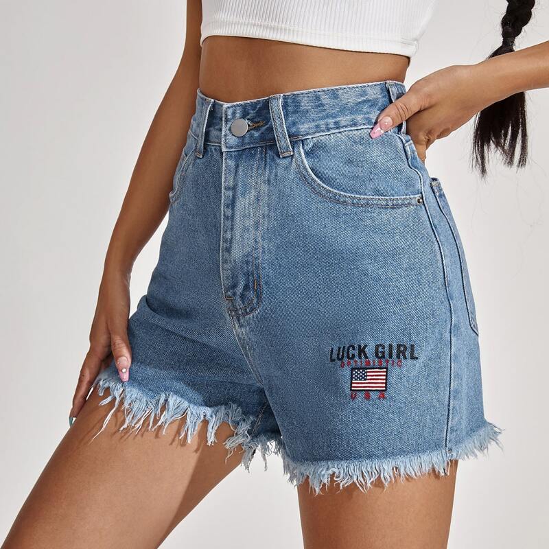 

Letter & Flag Print Raw Hem Denim Shorts, Medium wash