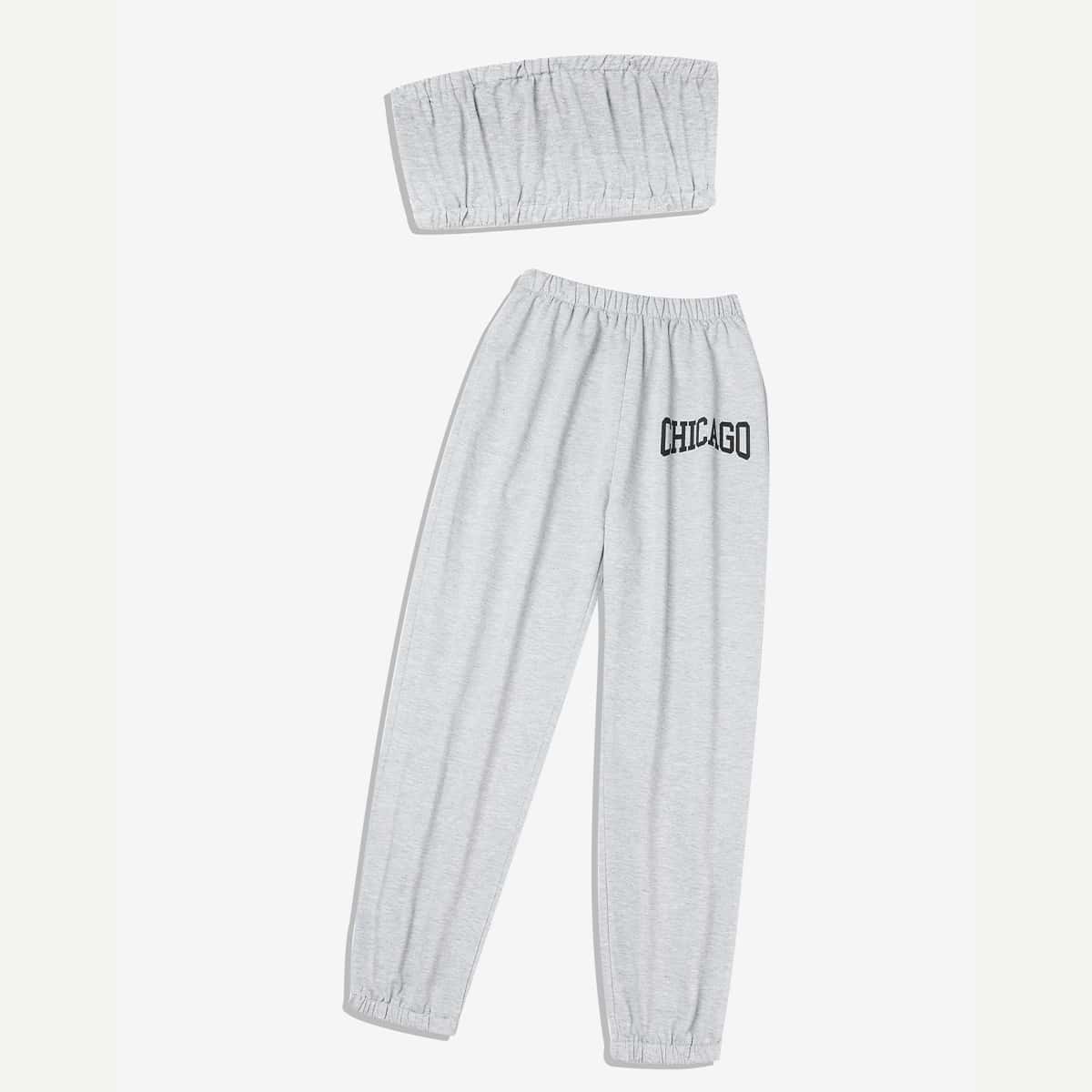 

Solid Crop Tube Top & Letter Sweatpants, Light grey