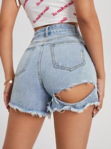 Quần short Denim Nút màu trơn - Rửa nhẹ - Xem 2