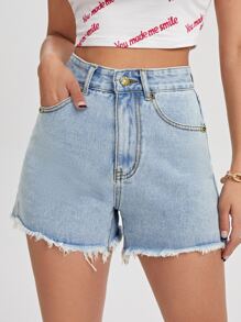 Quần short Denim Nút màu trơn - Rửa nhẹ - Xem 3