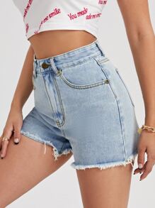 Quần short Denim Nút màu trơn - Rửa nhẹ - Xem 4