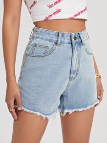 Quần short Denim Nút màu trơn - Rửa nhẹ - Xem 5
