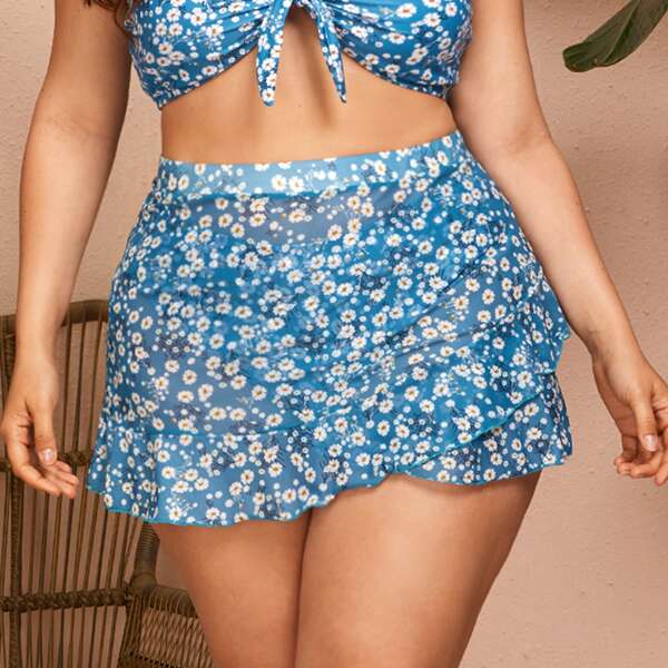 

2pack Plus Ditsy Floral Bikini Panty & Beach Skirt, Blue