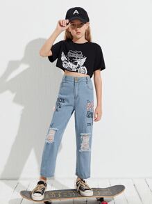 女孩標語圖案破洞牛仔褲 - 中等水洗藍 - 查看 1