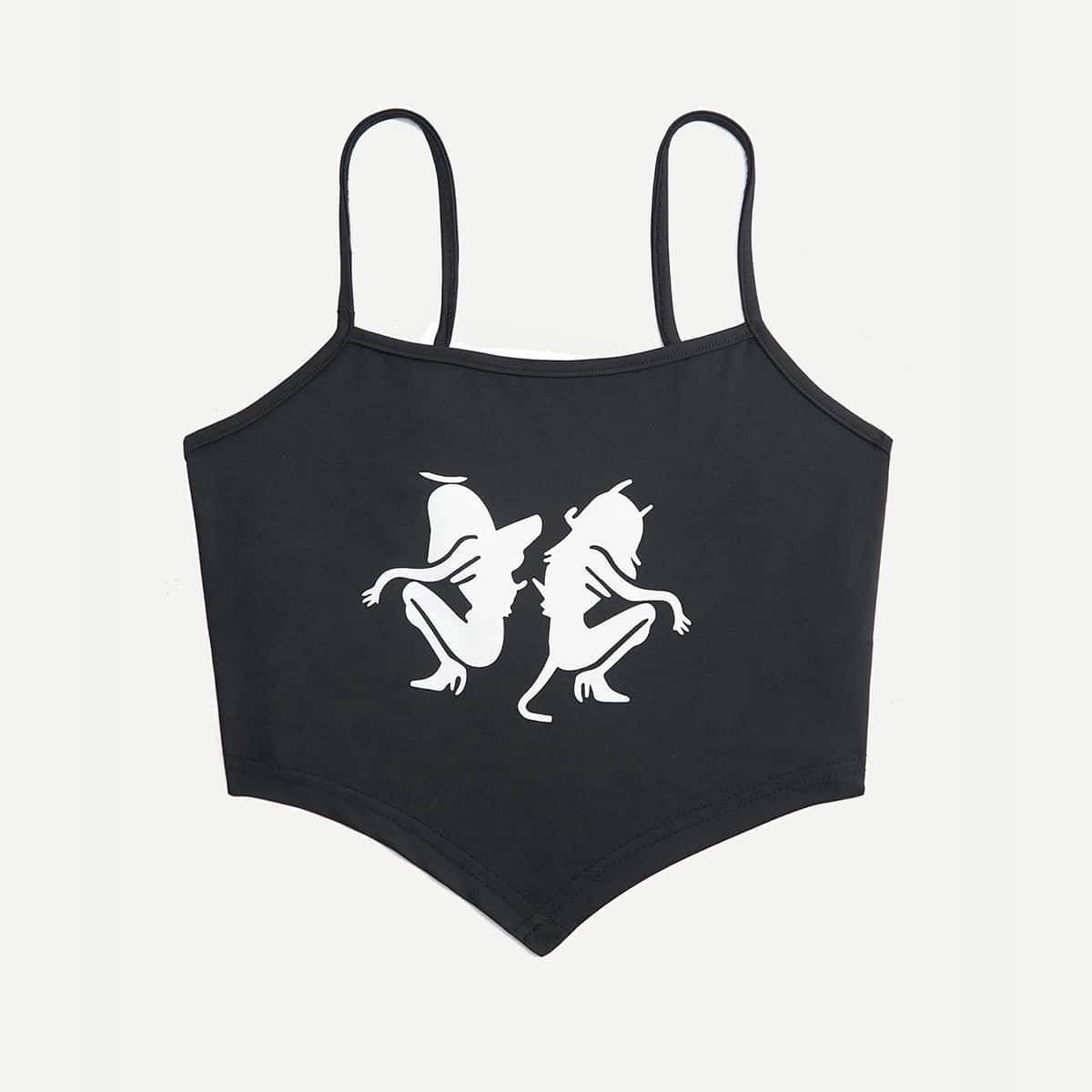 

Cartoon Figure Graphic Crop Cami, Black