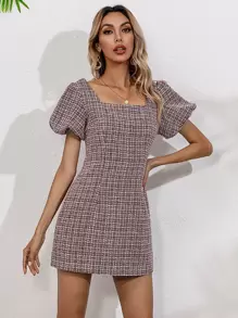 SHEIN Unity Puff Sleeve Tweed Dress - Burgundy - View 4