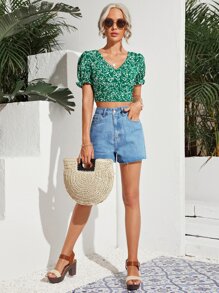 SHEIN 小碎花繫帶露背荷葉邊袖短版上衣 - 墨綠色 - 查看 3