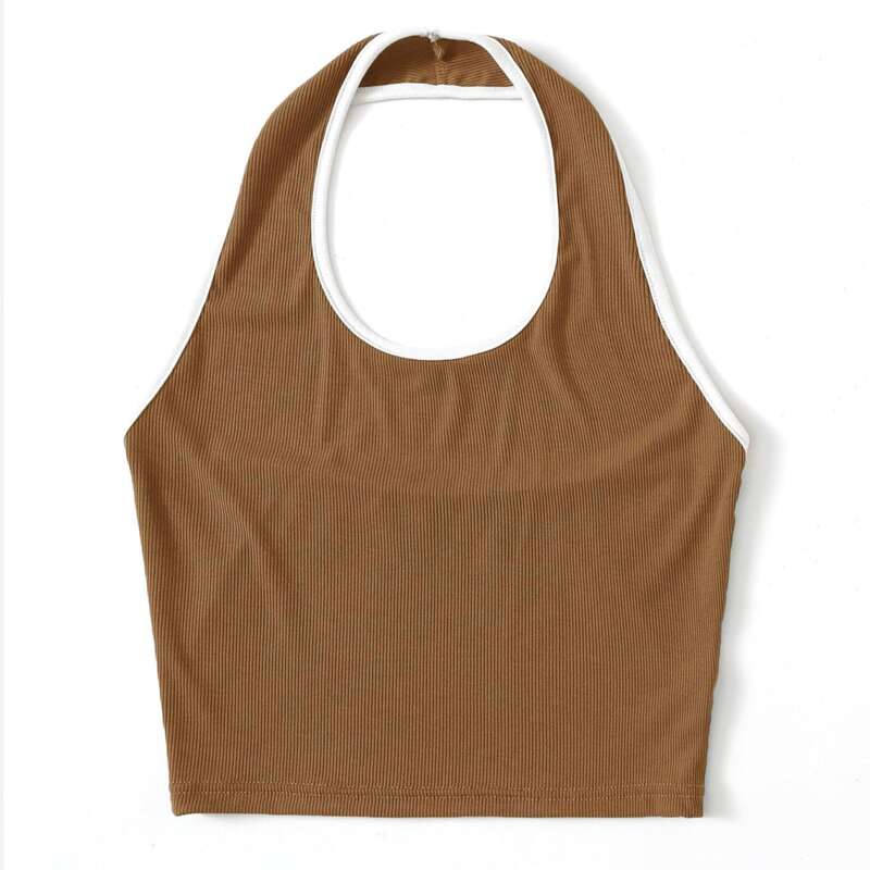 

Contrast Binding Ribbed Halter Top, Brown