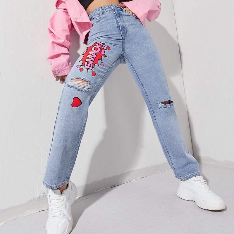 

High Waist Letter Graphic Ripped Jeans, Light wash