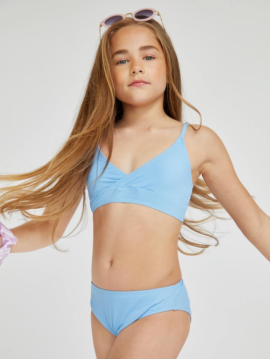 SHEIN Tween Girl V Neck Bikini Set Summer Beach - Baby Blue - View 1