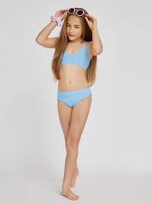SHEIN Tween Girl V Neck Bikini Set Summer Beach - Baby Blue - View 4